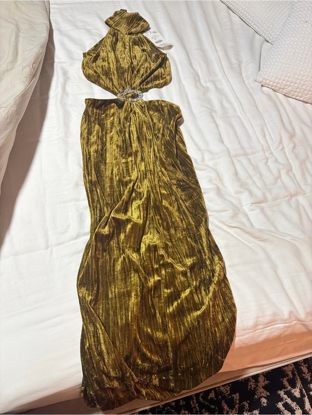 Zara Olive Green Velvet Halter dress with Rhinestone Waist